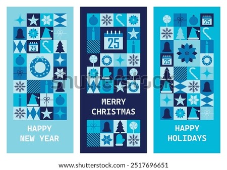 Set of holiday vertical banners Merry Christmas and Happy New Year. Templates for greeting card or invitation in abstract modern geometric style. Vector illustration