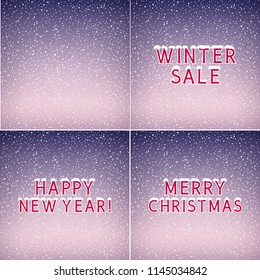 Set of Holiday Winter Backgrounds ,Snow on the Letters Winter Sale Happy New Year and Merry Christmas, Snowfall , White Snowflakes on Purple Background, Vector Illustration