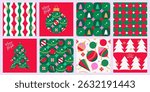 Set of Holiday Xmas seamless pattern with Christmas Tree, toys, snowflakes in trendy geometric style in red, green, pink, gold colors. Christmas design for season greetings, decor, print, promo