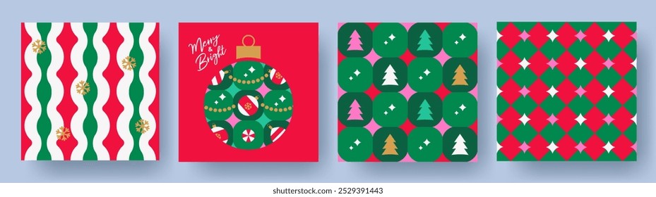 Conjunto de Festiva Navidad sin patrón con árbol de Navidad, juguetes, copos de nieve en estilo geométrico de moda en colores rojo, verde, rosa, oro. Diseño de Navidades para la tarjeta de felicitación de la temporada, Anuncio, cartel, impresión