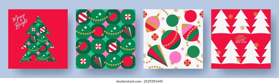 Set Weihnachts-Weihnachtsmuster mit Weihnachtsbaum, Spielzeug, Schneeflocken im trendigen geometrischen Stil in Rot, Grün, Rosa, Gold Farben. Weihnachtsdesign für Saison Grußkarte, Banner, Poster, Print