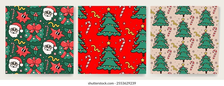 Set of Holiday Xmas seamless pattern with Christmas Tree, toys, Santa Claus in trendy groovy style in red, green, colors. Christmas vector design for season greeting card, banner, poster, print