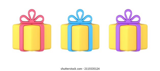 Set of holiday yellow wrapped gift box tied by bright glossy bow ribbon 3d template icon isometric vector illustration. Collection festive cardboard package greeting decorative design for present