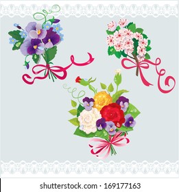 Set of holidays bouquets with sakura, roses, pansies and forget me not flowers. Elements for holiday design.