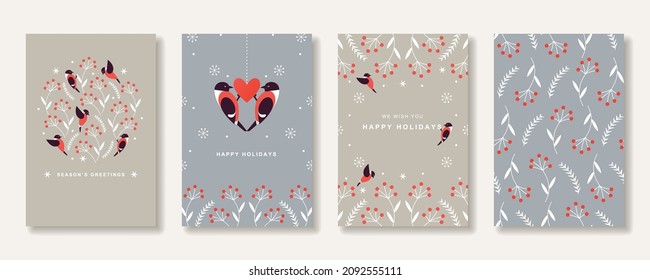 Set of holidays card and seamless pattern. Christmas bird and berry design.