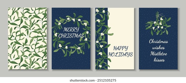 Set of holidays cards with mistletoe Vector Christmas poster templates with wreath, bunch made of mistletoe garland, border and pattern Elegant design for print, card, flyer, banner, social media post