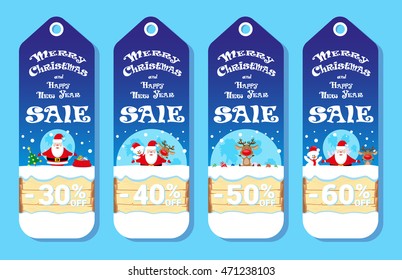 Set of holidays cards with Santa Claus and Snowman adn Deer in cartoon style. Design concept for price label, flyer or banner. Vector illustration