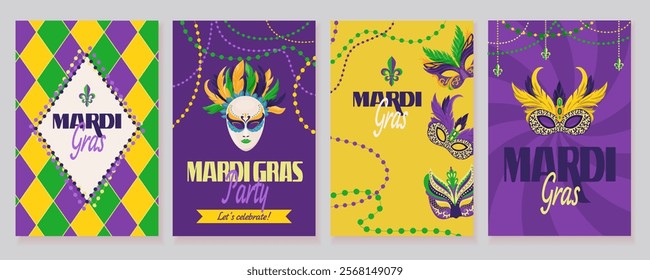 Set of holidays carnival flyers with masks Vector templates concept with masquerade party face disguise accessory capturing spirit of celebration Vertical design for print, card, banner, greeting post