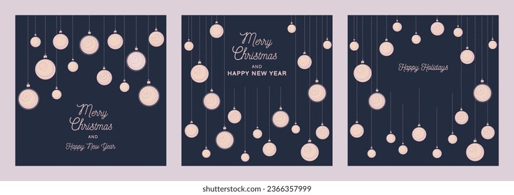 Set of holidays, Christmas, New Year cards with vector hand drawn Christmas balls. Template of printing, instagram poster, corporate invitation, gretind cards.