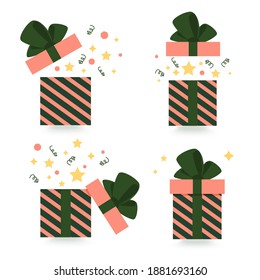 Set of Holidays Gift box, different present boxes. Surprise in the box. Open and close box. Modern flat illustration, trend color.