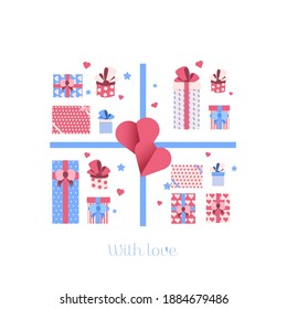 Juego de caja de regalo de vacaciones, diferentes cajas de regalo. Diseñar el concepto presente. Ilustración plana moderna, color pastel suave.
