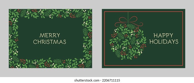 Set of holidays greeting cards with floral frames and Christmas ornament. Winter twigs patterns in green colors. Vector illustration