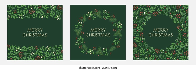Set of holidays greeting cards with floral frames and Christmas ornament. Winter twigs patterns in green colors. Vector illustration