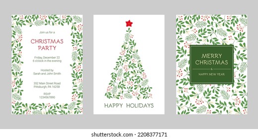 Set of holidays greeting cards with floral frames and Christmas ornament. Winter twigs patterns in green colors. 