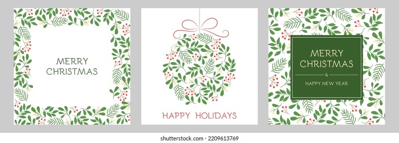 Set of holidays greeting cards with floral frames and Christmas ornament. Winter twigs patterns in green colors. 