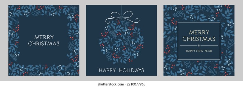 Set of holidays greeting cards with floral frames and Christmas ornament. Winter twigs patterns in blue colors. 