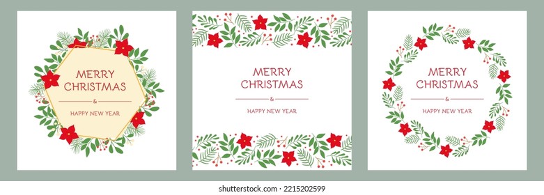 Set of holidays greeting cards with floral Christmas ornaments and frames. Winter twigs and poinsettia flowers. Vector illustration