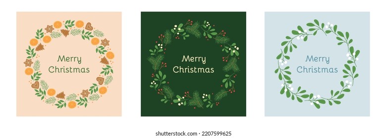 Set of holidays greeting cards with winter frames. Twigs, oranges and gingerbread cookies. Vector illustration