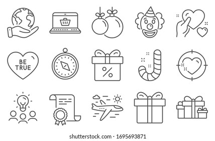 Set of Holidays icons, such as Airplane travel, Online shopping. Diploma, ideas, save planet. Be true, Discount offer, Christmas ball. Travel compass, Clown, Holiday presents. Vector