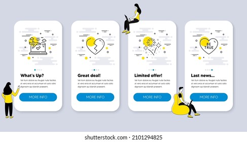 Set of Holidays icons, such as Airplane travel, Fireworks, Broken heart icons. UI phone app screens with people. Be true line symbols. Check in, Pyrotechnic salute, Love end. Love sweetheart. Vector