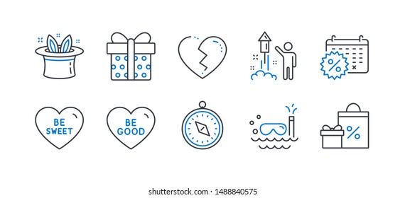 Set of Holidays icons, such as Broken heart, Calendar discounts, Travel compass, Be good, Scuba diving, Be sweet, Fireworks, Gift box, Hat-trick, Shopping line icons. Love end, Shopping. Vector