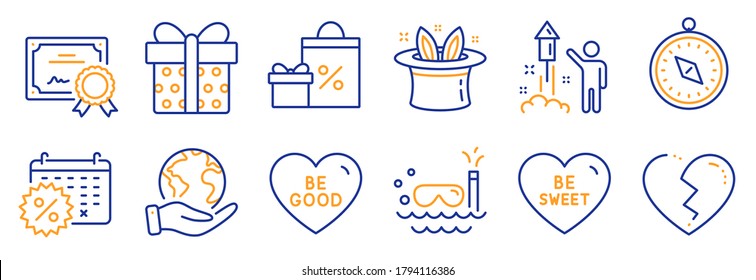 Set of Holidays icons, such as Broken heart, Calendar discounts. Certificate, save planet. Travel compass, Be good, Scuba diving. Be sweet, Fireworks, Gift box. Hat-trick, Shopping line icons. Vector