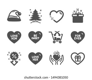 Set of Holidays icons, such as Christmas tree, Santa hat, Hold heart, Cross sell, Discount, For ever, Romantic gift, Be sweet, Heart, Love her, Special offer, Love him classic icons. Vector