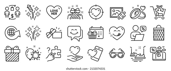 Set of Holidays icons, such as Christmas calendar, Surprise, Marriage rings icons. Cross sell, Love her, Travel loan signs. Balloon dart, Buying process, Smile face. Opened gift, Heart. Vector