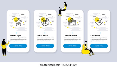 Set of Holidays icons, such as Circus tent, Surprise gift, Cross sell icons. UI phone app screens with people. True love line symbols. Attraction park, Shopping offer, Market retail. Vector