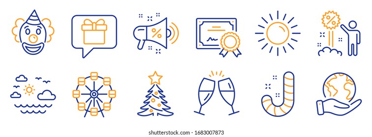 Set of Holidays icons, such as Clown, Discount. Certificate, save planet. Ferris wheel, Champagne glasses, Candy. Sale megaphone, Wish list, Travel sea. Christmas tree, Sun line icons. Vector