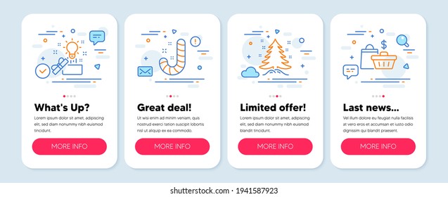 Set of Holidays icons, such as Creative idea, Christmas tree, Candy symbols. Sale bags line icons. Vector