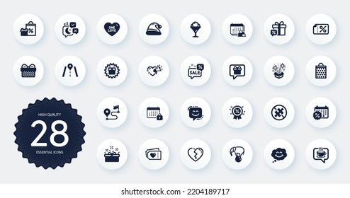 Set of Holidays icons, such as Delivery, Calendar and Road flat icons. Shopping, Ice cream, Gift web elements. Sleep, Smile, Love message signs. Surprise gift, Love tickets, Broken heart. Vector