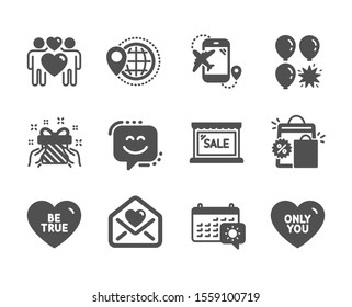 Set of Holidays icons, such as Flight destination, Be true, Smile face, Gift, Love couple, Shopping bags, World travel, Sale, Balloon dart, Love letter, Travel calendar, Only you. Vector