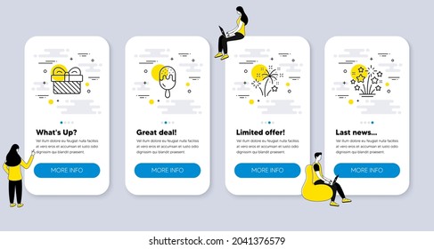 Set of Holidays icons, such as Gift, Fireworks, Ice cream icons. UI phone app screens with people. Fireworks stars line symbols. Present, Pyrotechnic salute, Sundae stick. Phone UI banners. Vector