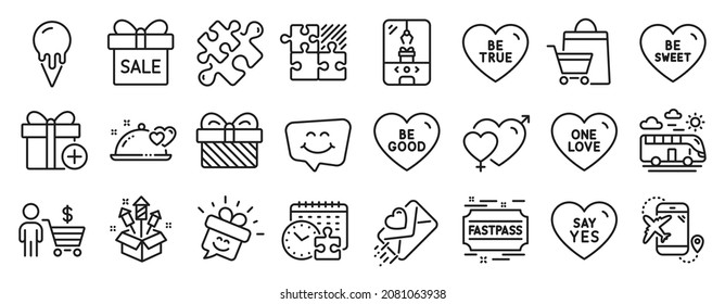 Set of Holidays icons, such as Gift, Smile chat, Puzzle game icons. Fireworks rocket, Romantic dinner, Bus travel signs. Fastpass, Flight destination, Puzzle. Be true, Be good, One love. Vector