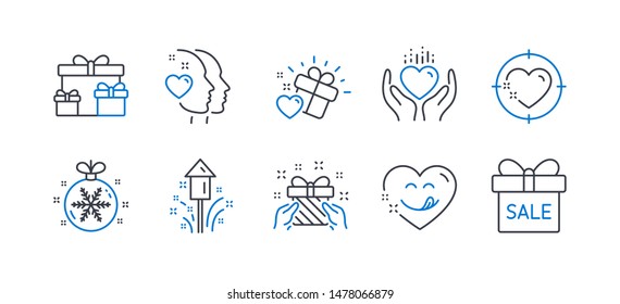 Set of Holidays icons, such as Heart target, Heart, Surprise boxes, Christmas ball, Fireworks, Gift, Love gift, Yummy smile, Sale offer line icons. Love aim, Holiday gifts. Vector