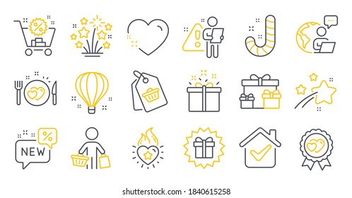 Set of Holidays icons, such as Heart, Love award, Sale tag symbols. Special offer, New, Shopping cart signs. Romantic dinner, Heart flame, Fireworks stars. Buyer, Air balloon, Candy. Vector