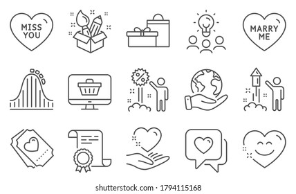 Set of Holidays icons, such as Hold heart, Roller coaster. Diploma, ideas, save planet. Smile chat, Love ticket, Creativity. Gifts, Marry me, Web shop. Fireworks, Heart, Miss you. Vector