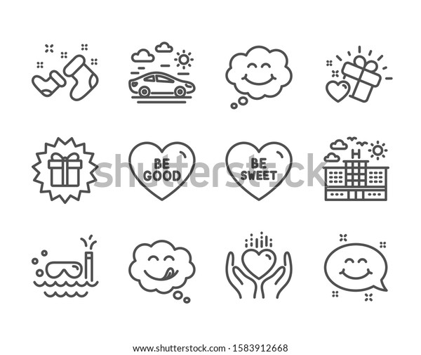 Set of Holidays icons, such as Hold heart, Be\
good, Santa boots, Hotel, Smile chat, Be sweet, Love gift, Yummy\
smile, Surprise gift, Car travel, Scuba diving line icons. Care\
love, New year. Vector