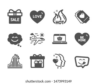 Set of Holidays icons, such as Hot sale, Roller coaster, Love, Yummy smile, Heart, Love ticket, Sale offer, Online shopping, Delivery boxes, Smile chat, Airplane travel, Be mine. Hot sale icon. Vector