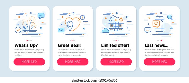 Set of Holidays icons, such as Hotel, Ice cream, Fireworks symbols. Mobile screen app banners. Weather phone line icons. Travel, Sundae cone, Pyrotechnic salute. Travel device. Hotel icons. Vector