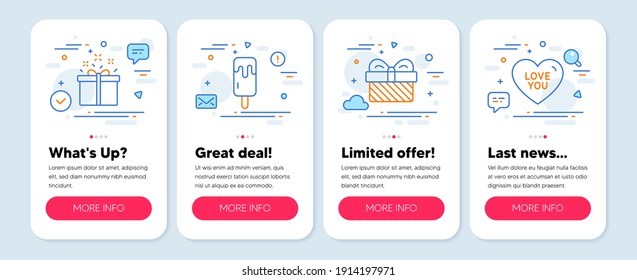 Set of Holidays icons, such as Ice cream, Special offer, Gift symbols. Mobile app mockup banners. Love you line icons. Sundae stick, Delivery box, Present. Sweetheart. Ice cream icons. Vector