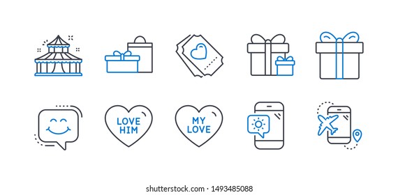 Set of Holidays icons, such as Love him, Love ticket, Weather phone, Circus, Surprise package, Gifts, Smile chat, Gift box, Flight destination line icons. Sweetheart, Heart. Line love him icon. Vector
