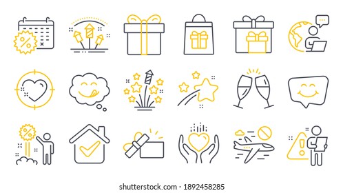 Set of Holidays icons, such as Opened gift, Holidays shopping, Hold heart symbols. Yummy smile, Discount, Calendar discounts signs. Delivery boxes, Fireworks rocket, Smile chat. Gift box. Vector