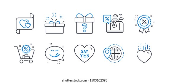 Set of Holidays icons, such as Present box, Shopping cart, Yummy smile, World travel, Say yes, Secret gift, Travel loan, Discount, Love letter, Heart line icons. Sale offer, Discount. Vector