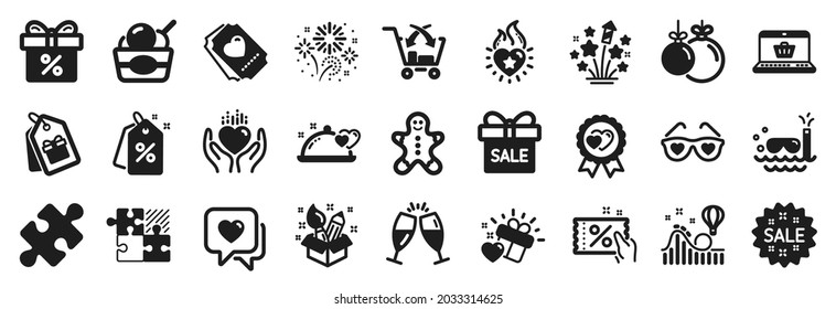 Set of Holidays icons, such as Puzzle, Online shopping, Heart icons. Christmas ball, Coupons, Fireworks signs. Fireworks stars, Champagne glasses, Sale. Discount offer, Love award. Vector