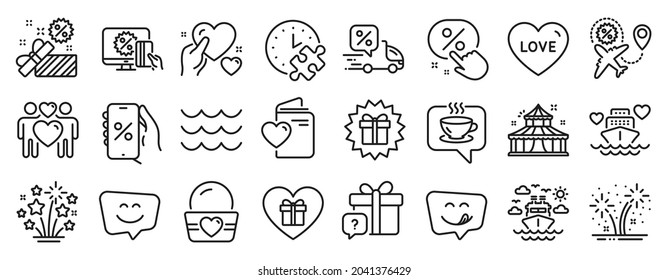 Set of Holidays icons, such as Puzzle time, Honeymoon cruise, Love couple icons. Sale, Fireworks stars, Love document signs. Waves, Ice cream, Hold heart. Coffee, Yummy smile, Flight sale. Vector