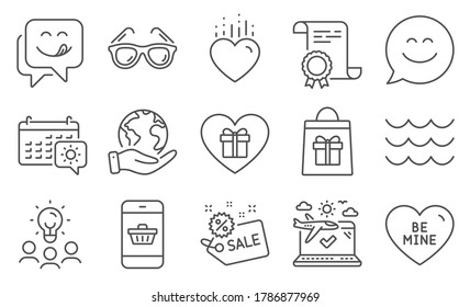 Set of Holidays icons, such as Sale, Smartphone buying. Diploma, ideas, save planet. Waves, Be mine, Romantic gift. Heart, Sunglasses, Yummy smile. Smile chat, Airplane travel, Travel calendar. Vector