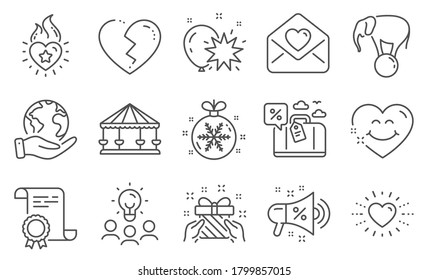 Set of Holidays icons, such as Sale megaphone, Broken heart. Diploma, ideas, save planet. Heart flame, Love letter, Travel loan. Gift, Smile face, Elephant on ball. Vector