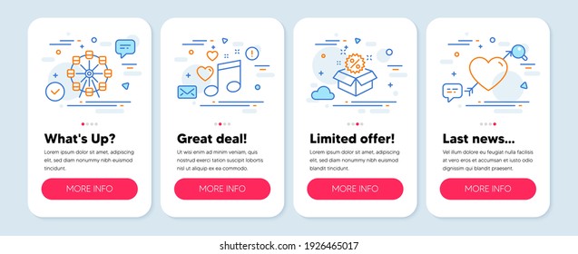 Set of Holidays icons, such as Sale, Ferris wheel, Love music symbols. Mobile app mockup banners. Love line icons. Discount, Attraction park, Musical note. Valentines day. Sale icons. Vector